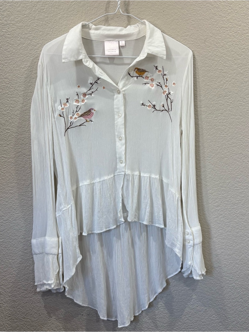 Lauren Conrad Embroidered Bird Floral Hi Low Blouse White Large